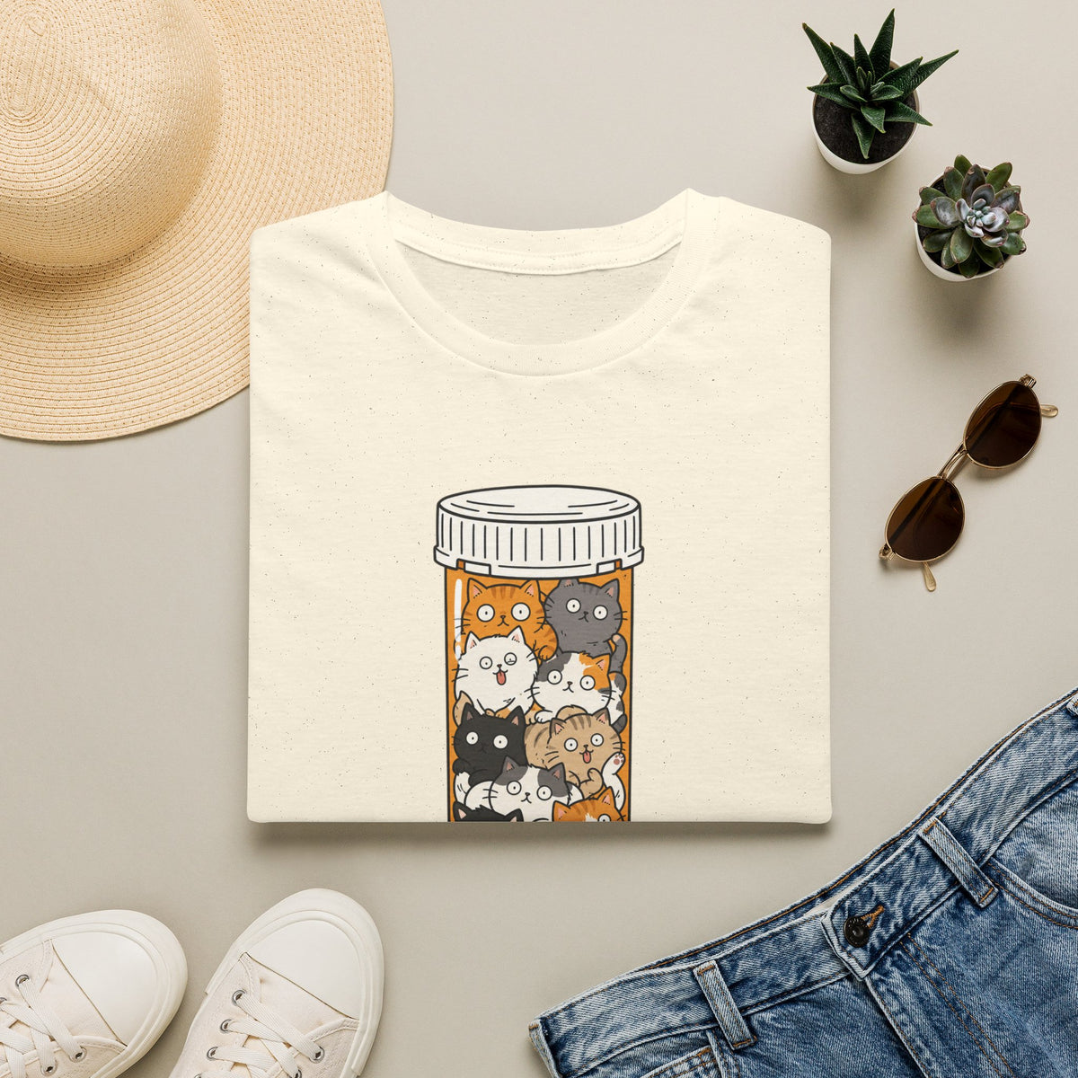 Take Your Meds Cotton T-Shirt — Cute Pill Bottle Cats Graphic Tee