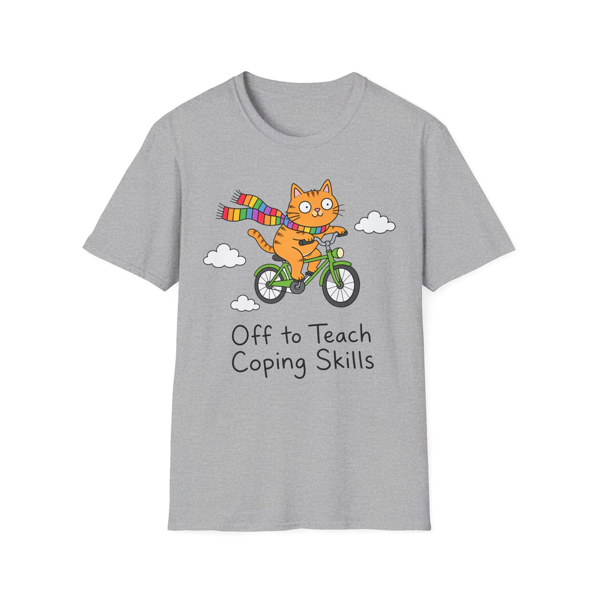 Cat on a Bike T-Shirt — "Off to Teach Coping Skills" Cute Rainbow Scarf Tee