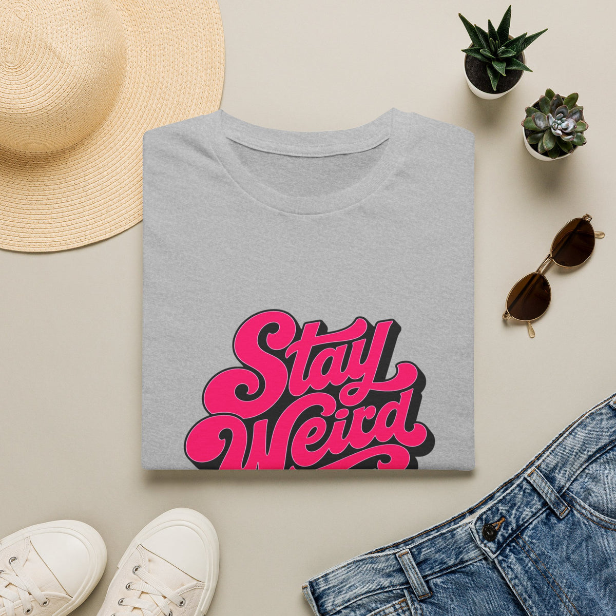 Stay Weird T-Shirt — Retro Pink Script Graphic Tee for Bold, Fun Style