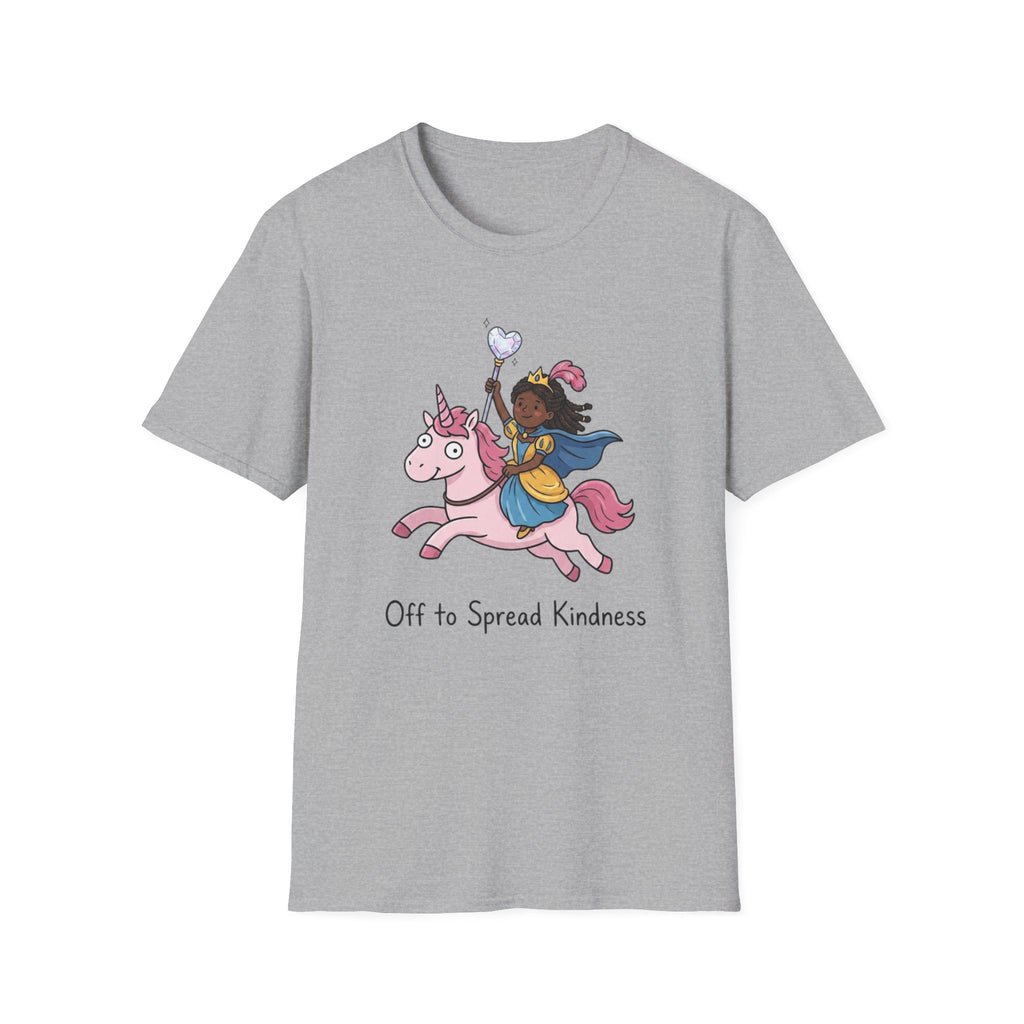 Girl Riding Unicorn T-Shirt — "Off to Spread Kindness" Cute Magical Tee for Kids & Teens