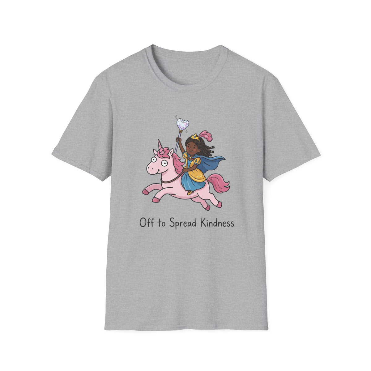 Girl Riding Unicorn T-Shirt — "Off to Spread Kindness" Cute Magical Tee for Kids & Teens