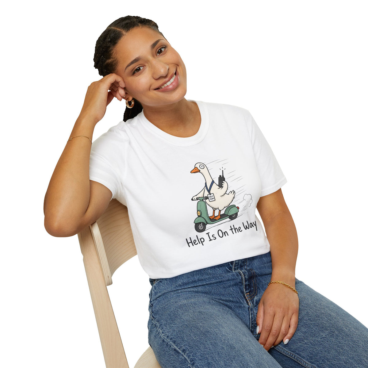 Help Is On The Way T-Shirt — Cute Goose on Scooter Graphic Tee