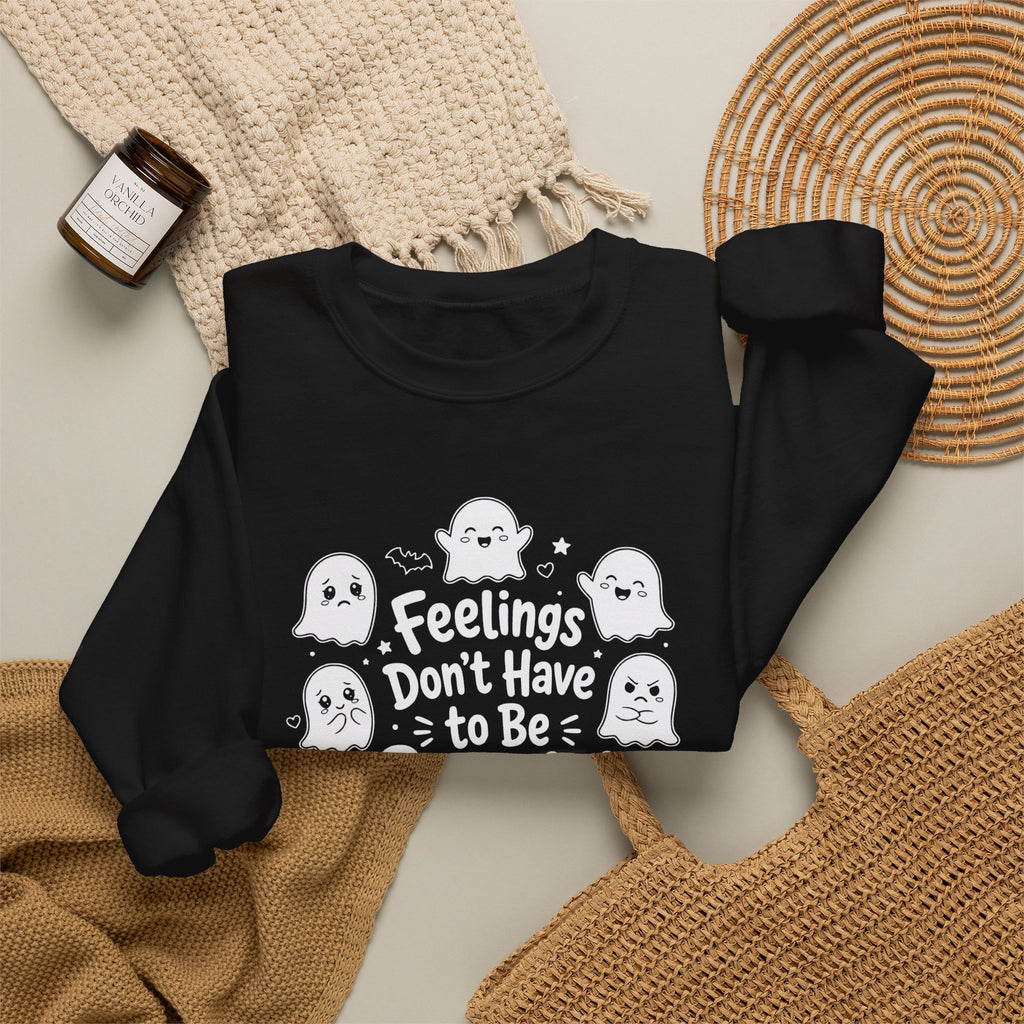 Spooky Vibes Sweatshirt — "Feelings Don't Have to Be Spooky" Ghost Crewneck