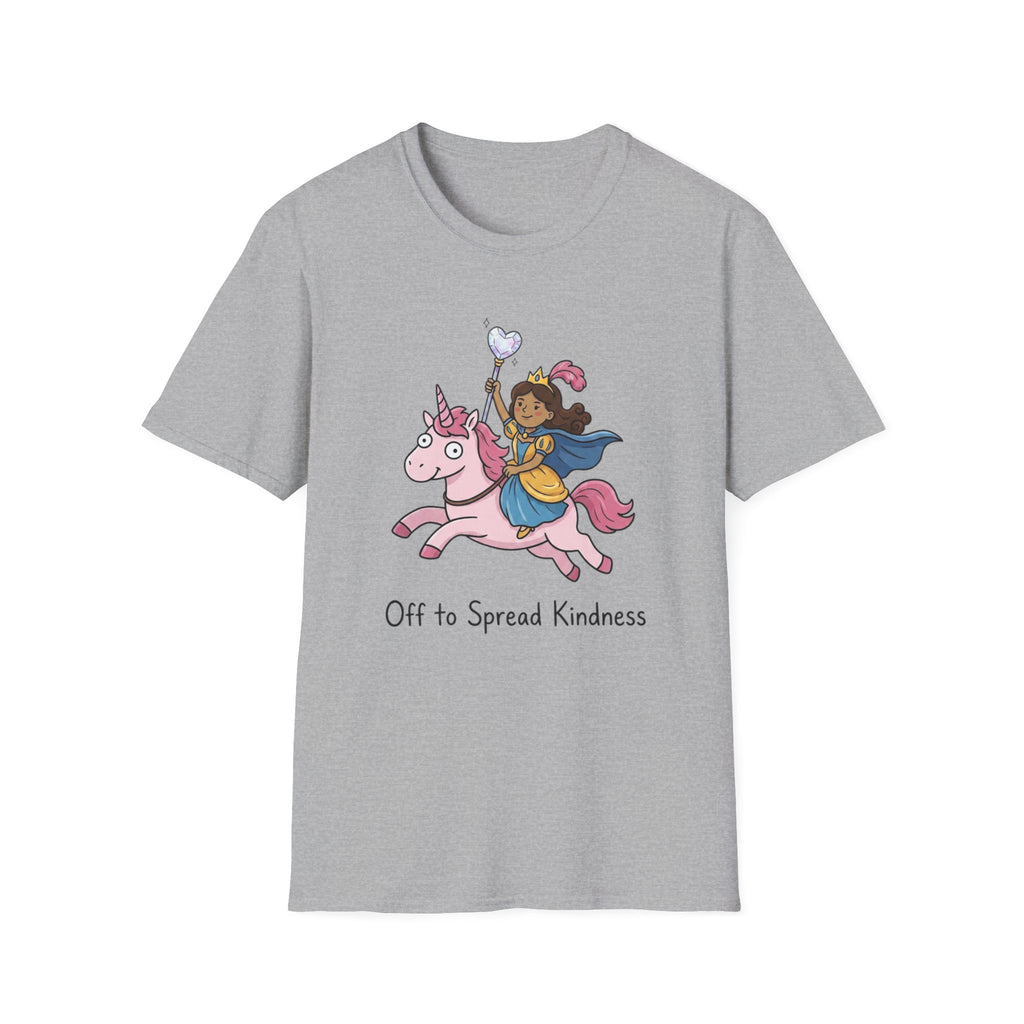 Kindness Princess Riding Pink Unicorn T-Shirt — 'Off to Spread Kindness' Fantasy Tee