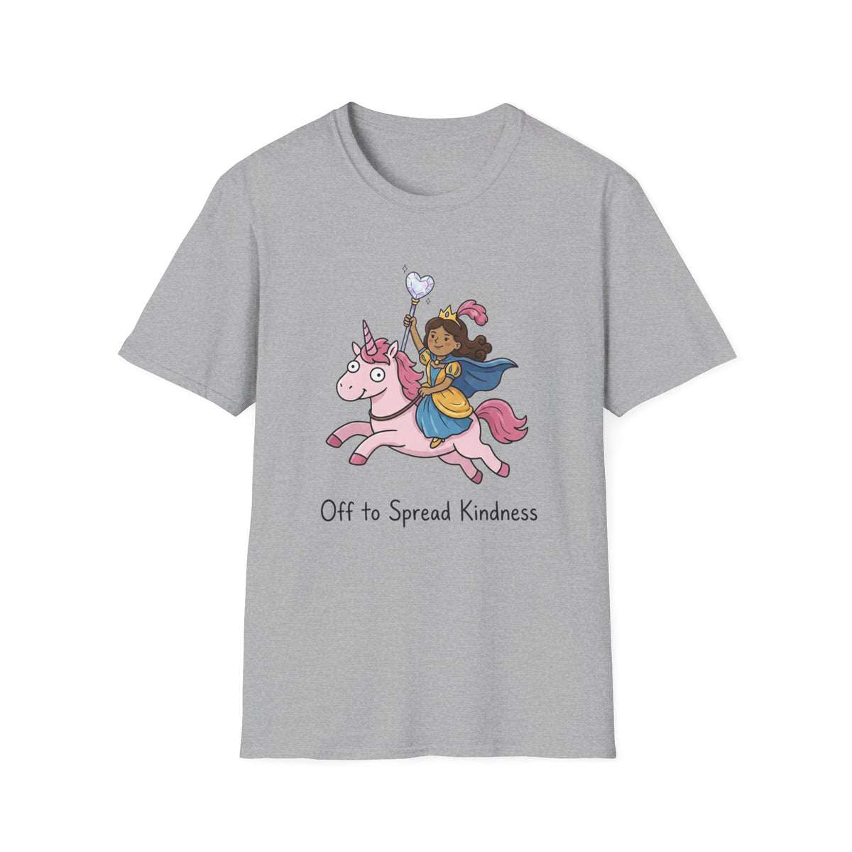 Kindness Princess Riding Pink Unicorn T-Shirt — 'Off to Spread Kindness' Fantasy Tee