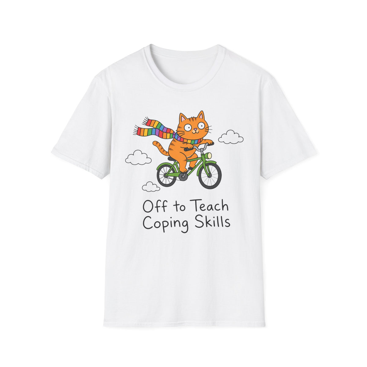 Cat on a Bike T-Shirt — "Off to Teach Coping Skills" Cute Rainbow Scarf Tee