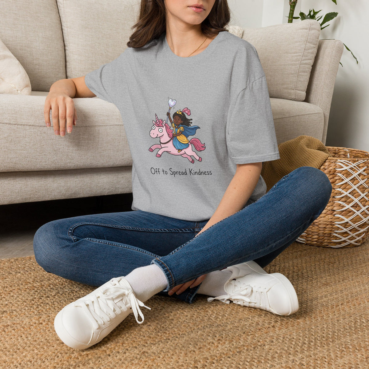 Girl Riding Unicorn T-Shirt — "Off to Spread Kindness" Cute Magical Tee for Kids & Teens