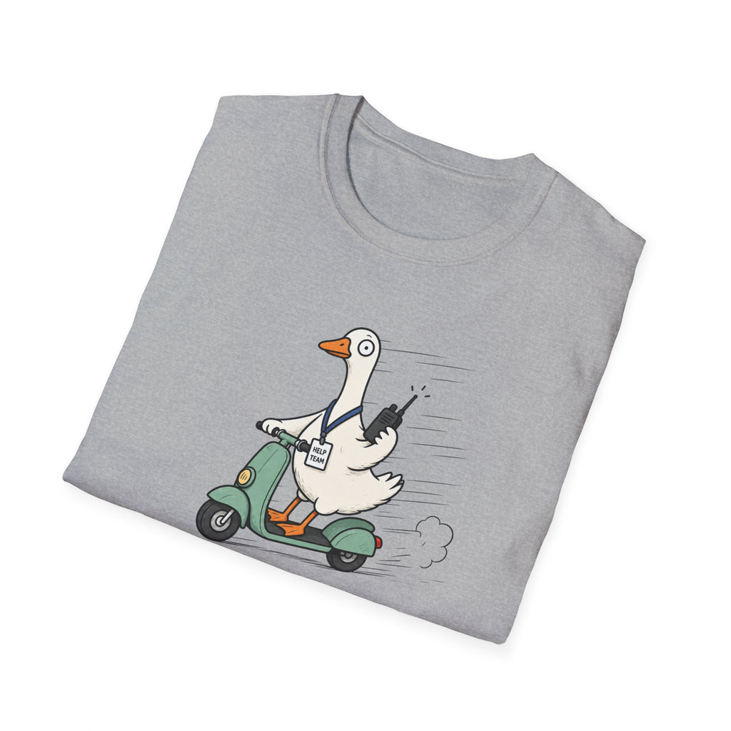 Help Is On The Way T-Shirt — Cute Goose on Scooter Graphic Tee