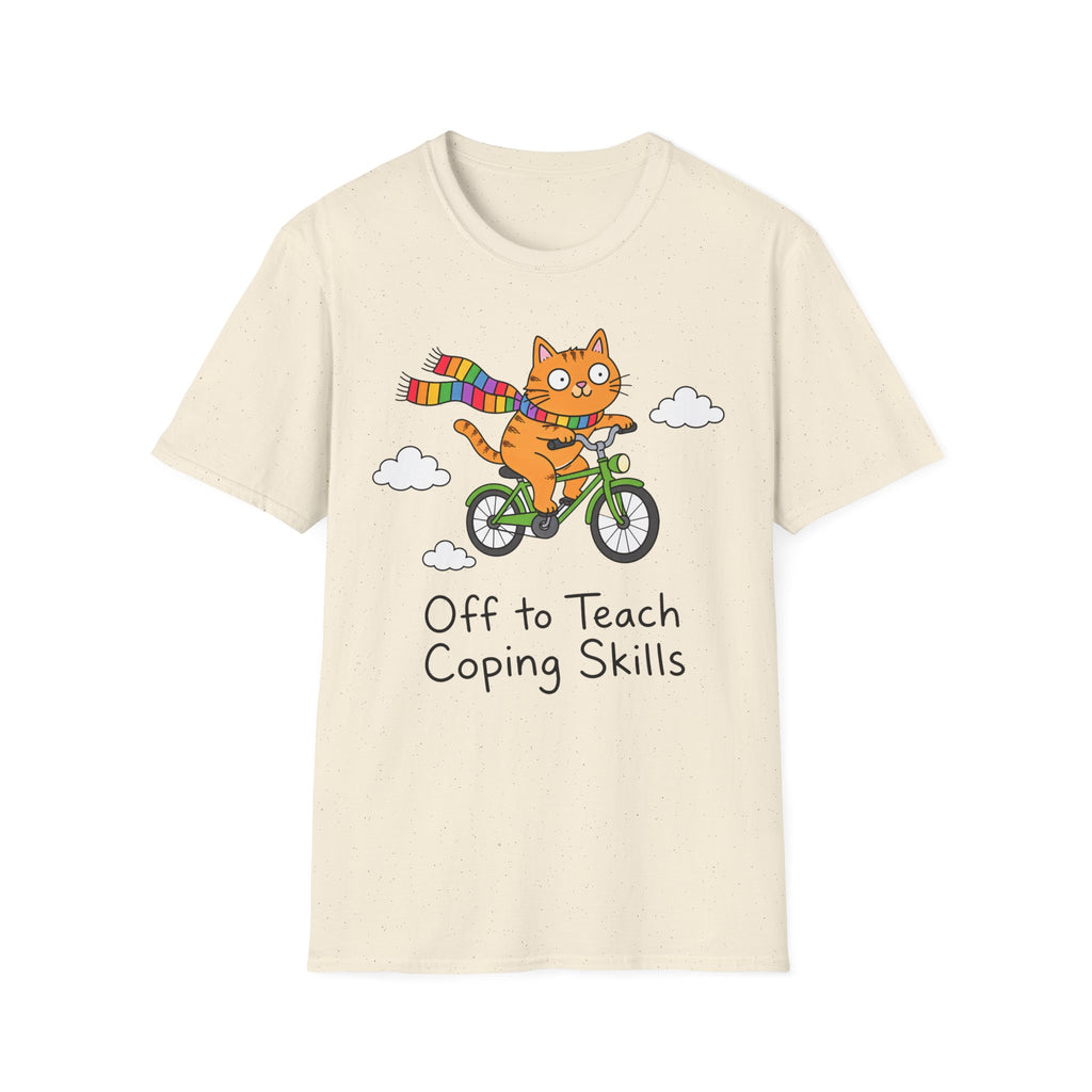 Cat on a Bike T-Shirt — "Off to Teach Coping Skills" Cute Rainbow Scarf Tee