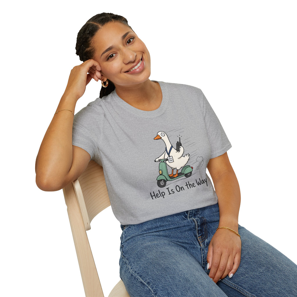 Help Is On The Way T-Shirt — Cute Goose on Scooter Graphic Tee
