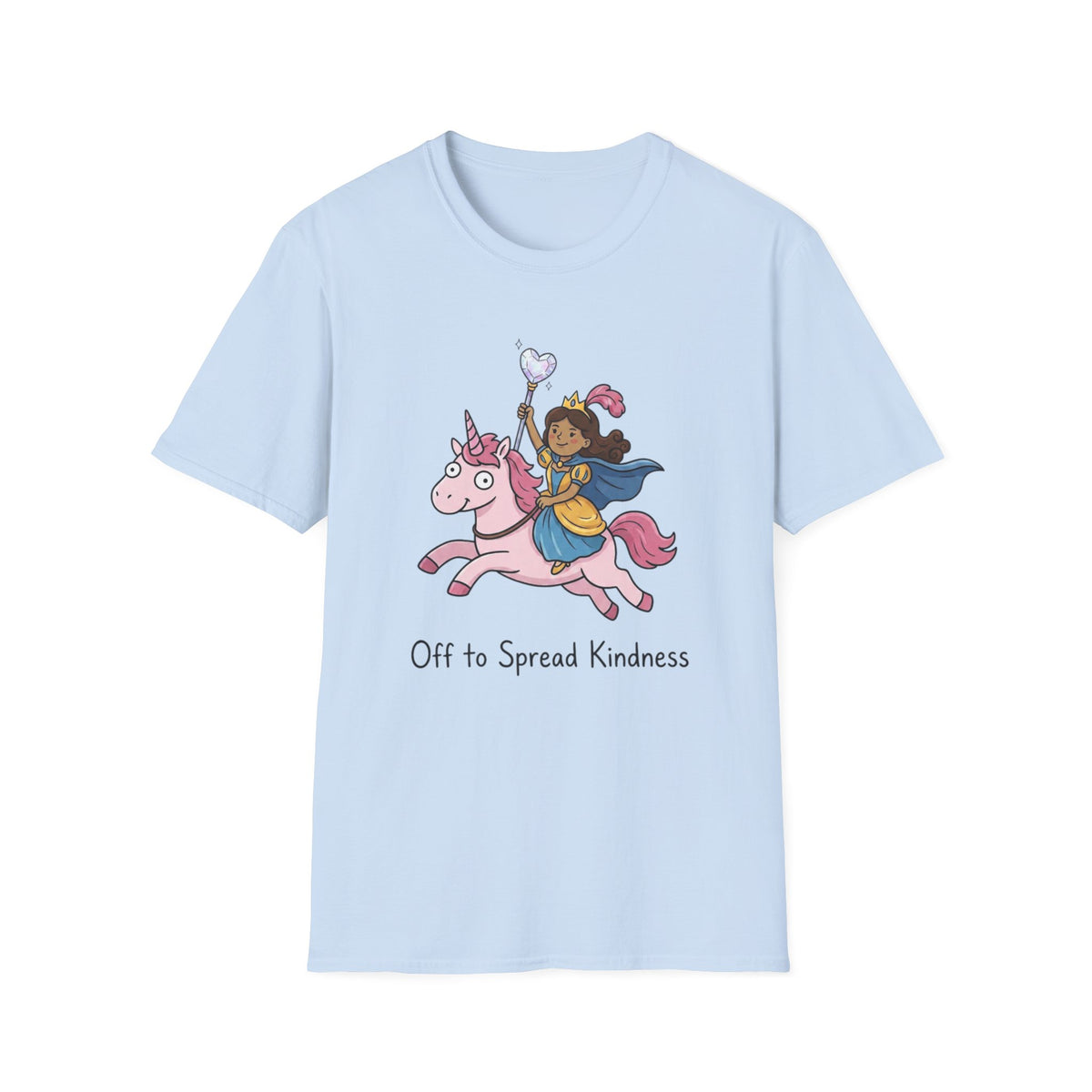 Kindness Princess Riding Pink Unicorn T-Shirt — 'Off to Spread Kindness' Fantasy Tee