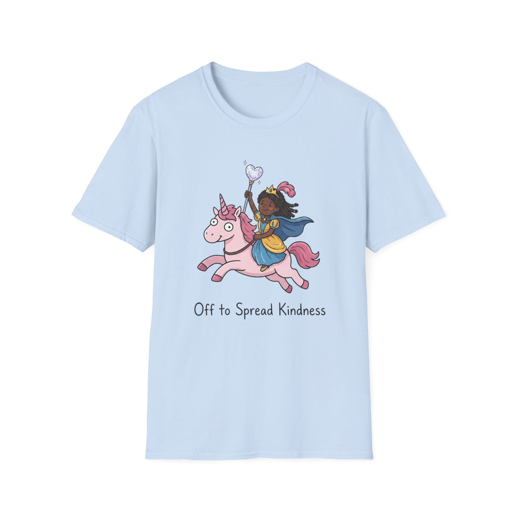Girl Riding Unicorn T-Shirt — "Off to Spread Kindness" Cute Magical Tee for Kids & Teens