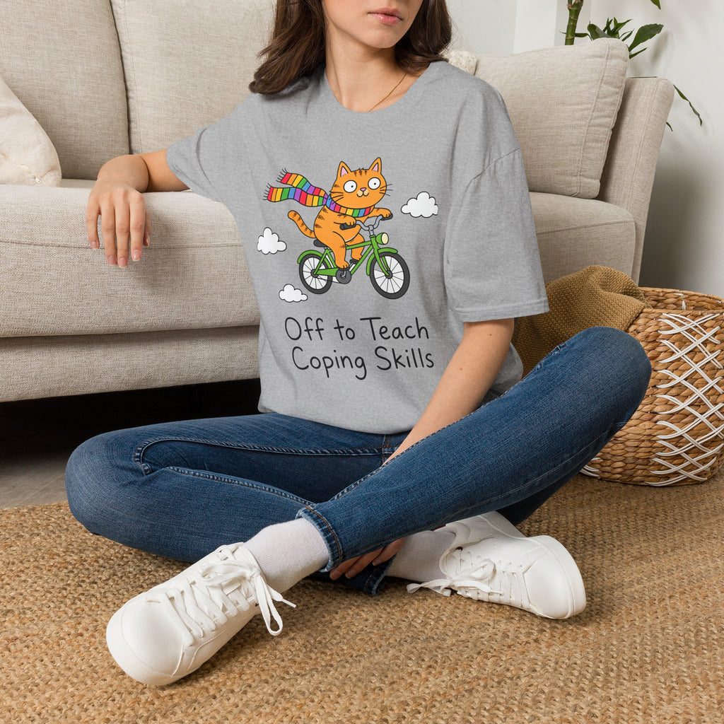 Cat on a Bike T-Shirt — "Off to Teach Coping Skills" Cute Rainbow Scarf Tee