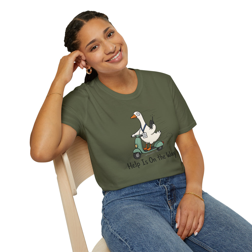 Help Is On The Way T-Shirt — Cute Goose on Scooter Graphic Tee