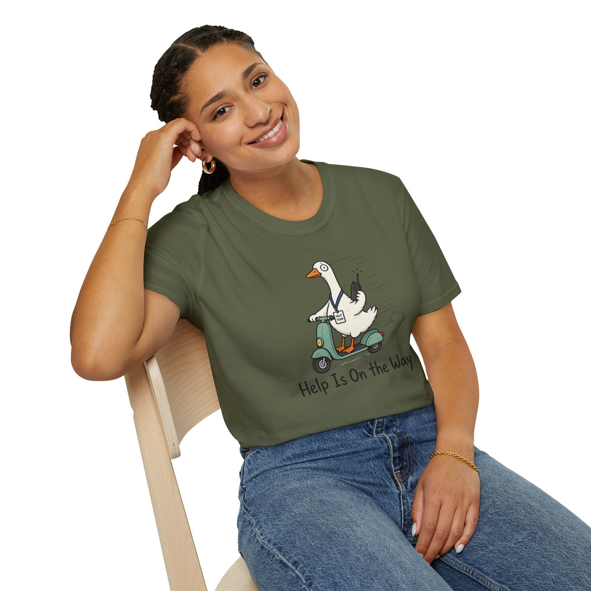 Help Is On The Way T-Shirt — Cute Goose on Scooter Graphic Tee