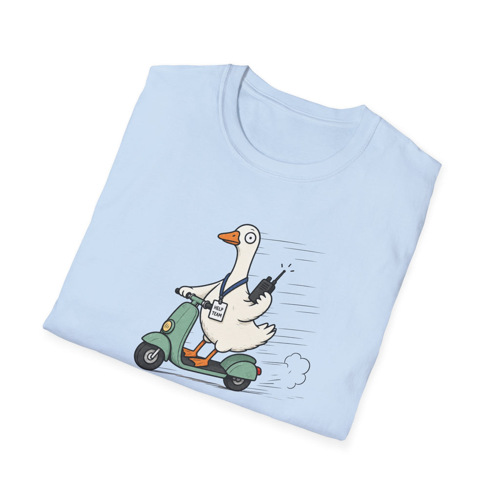 Help Is On The Way T-Shirt — Cute Goose on Scooter Graphic Tee
