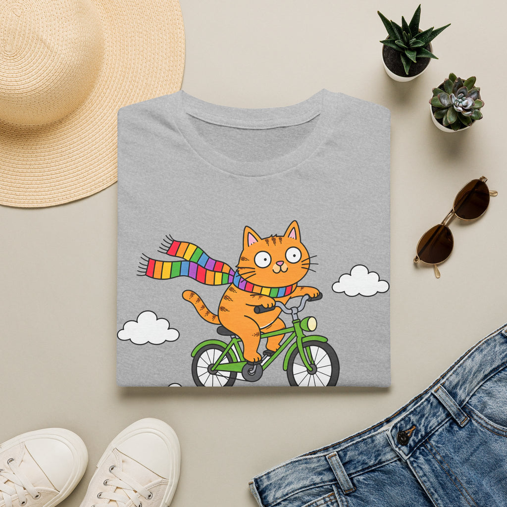 Cat on a Bike T-Shirt — "Off to Teach Coping Skills" Cute Rainbow Scarf Tee