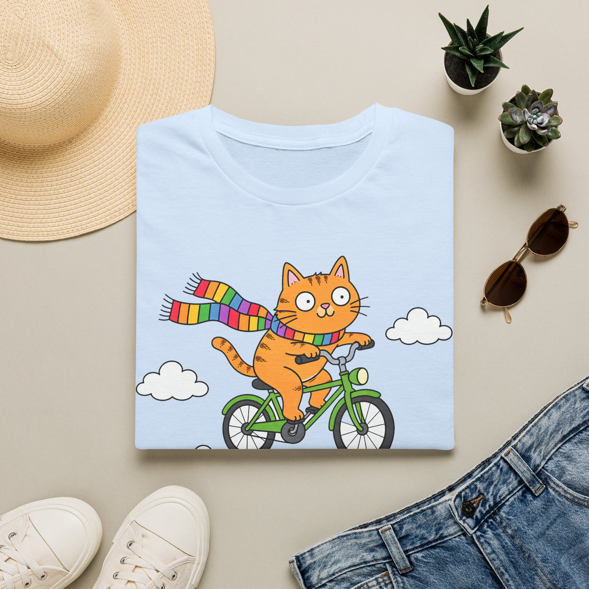 Cat on a Bike T-Shirt — "Off to Teach Coping Skills" Cute Rainbow Scarf Tee