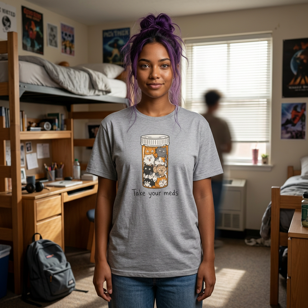 Take Your Meds Cotton T-Shirt — Cute Pill Bottle Cats Graphic Tee