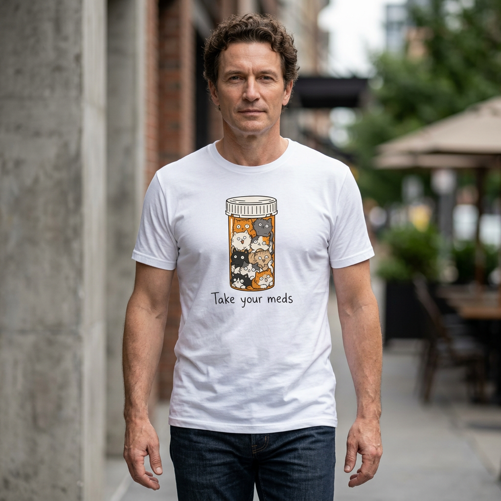 Take Your Meds Cotton T-Shirt — Cute Pill Bottle Cats Graphic Tee