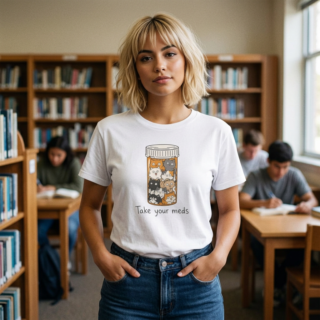 Take Your Meds Cotton T-Shirt — Cute Pill Bottle Cats Graphic Tee