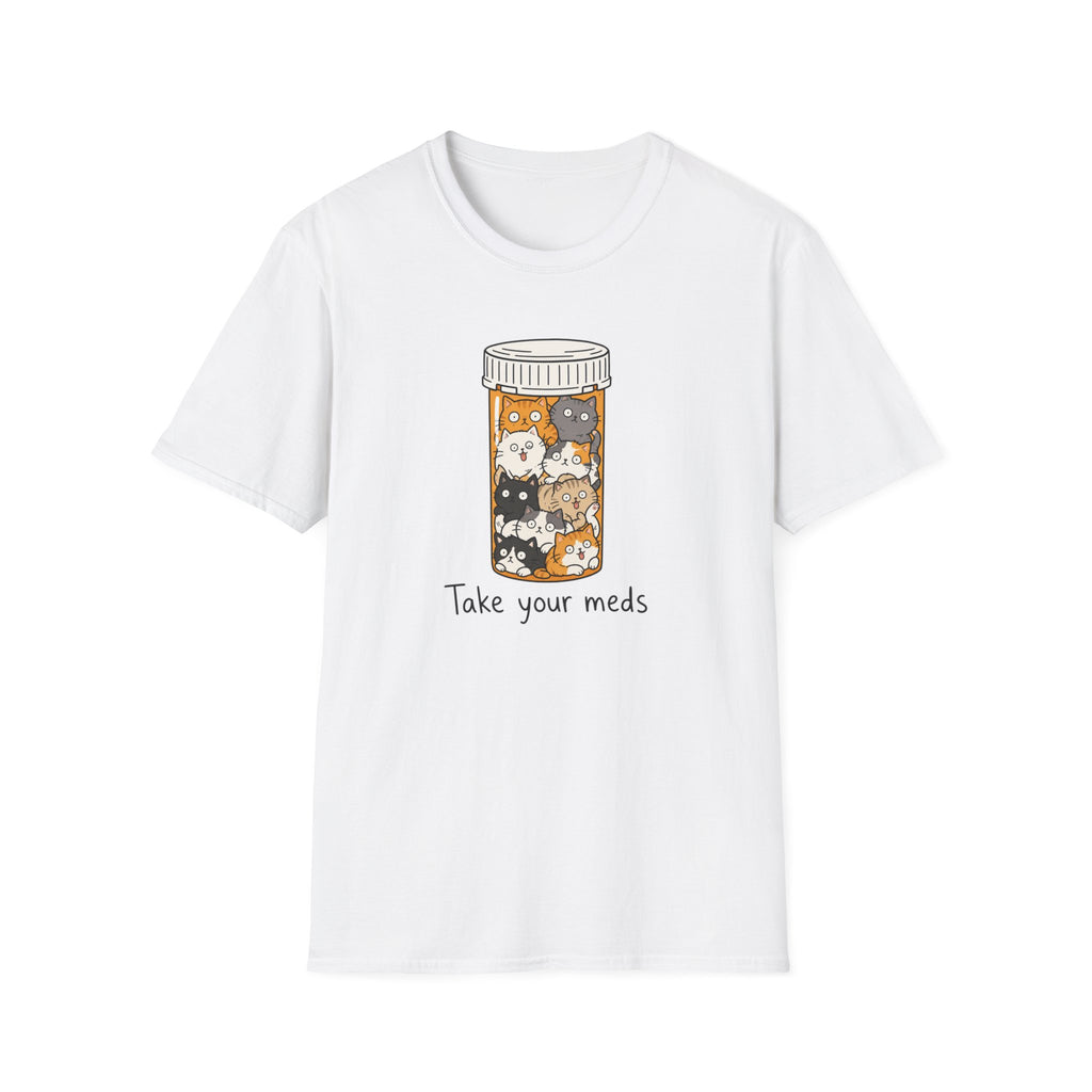 Take Your Meds Cotton T-Shirt — Cute Pill Bottle Cats Graphic Tee