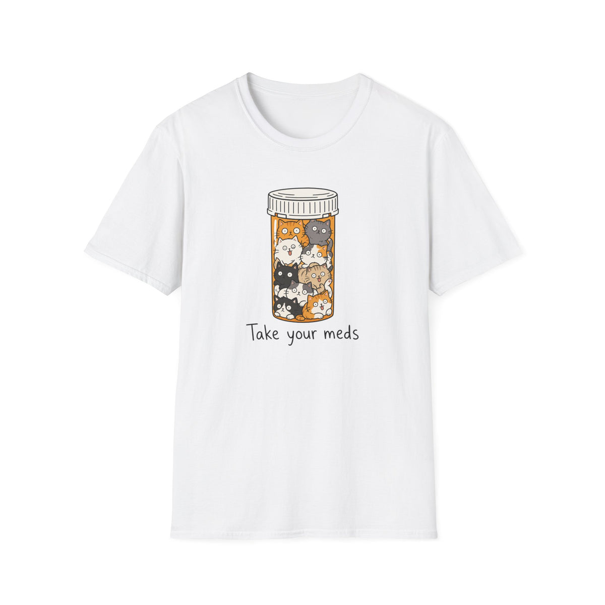 Take Your Meds Cotton T-Shirt — Cute Pill Bottle Cats Graphic Tee
