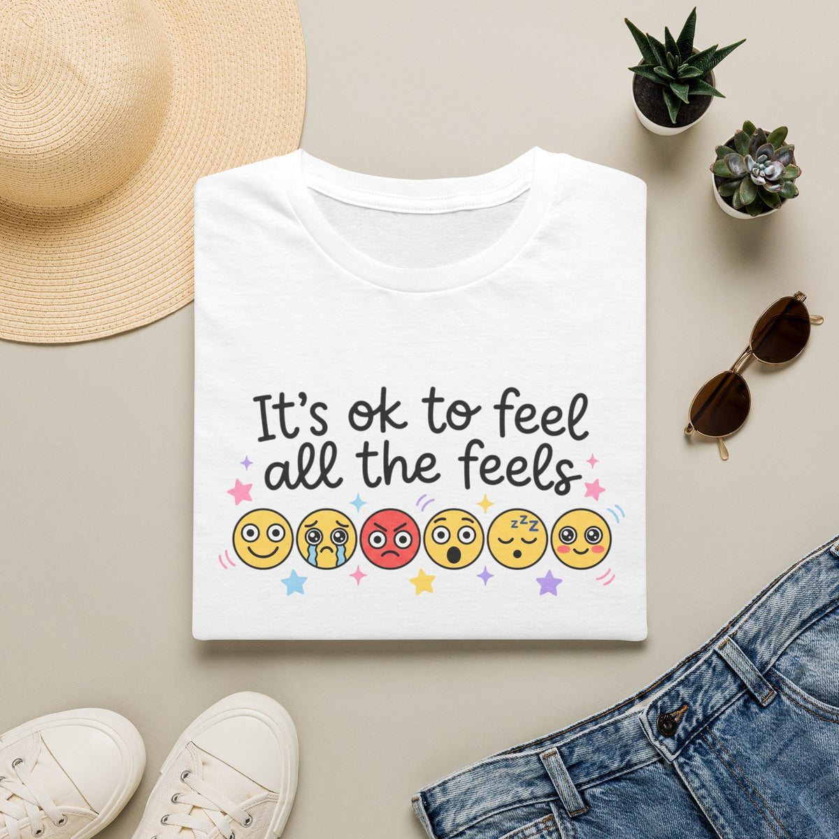 It's OK to Feel All the Feels T‑Shirt — Mental Health Emoji Comfort Tee