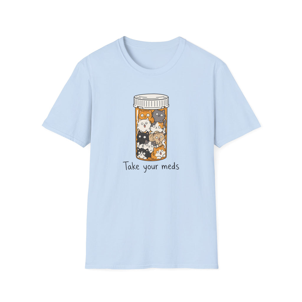 Take Your Meds Cotton T-Shirt — Cute Pill Bottle Cats Graphic Tee