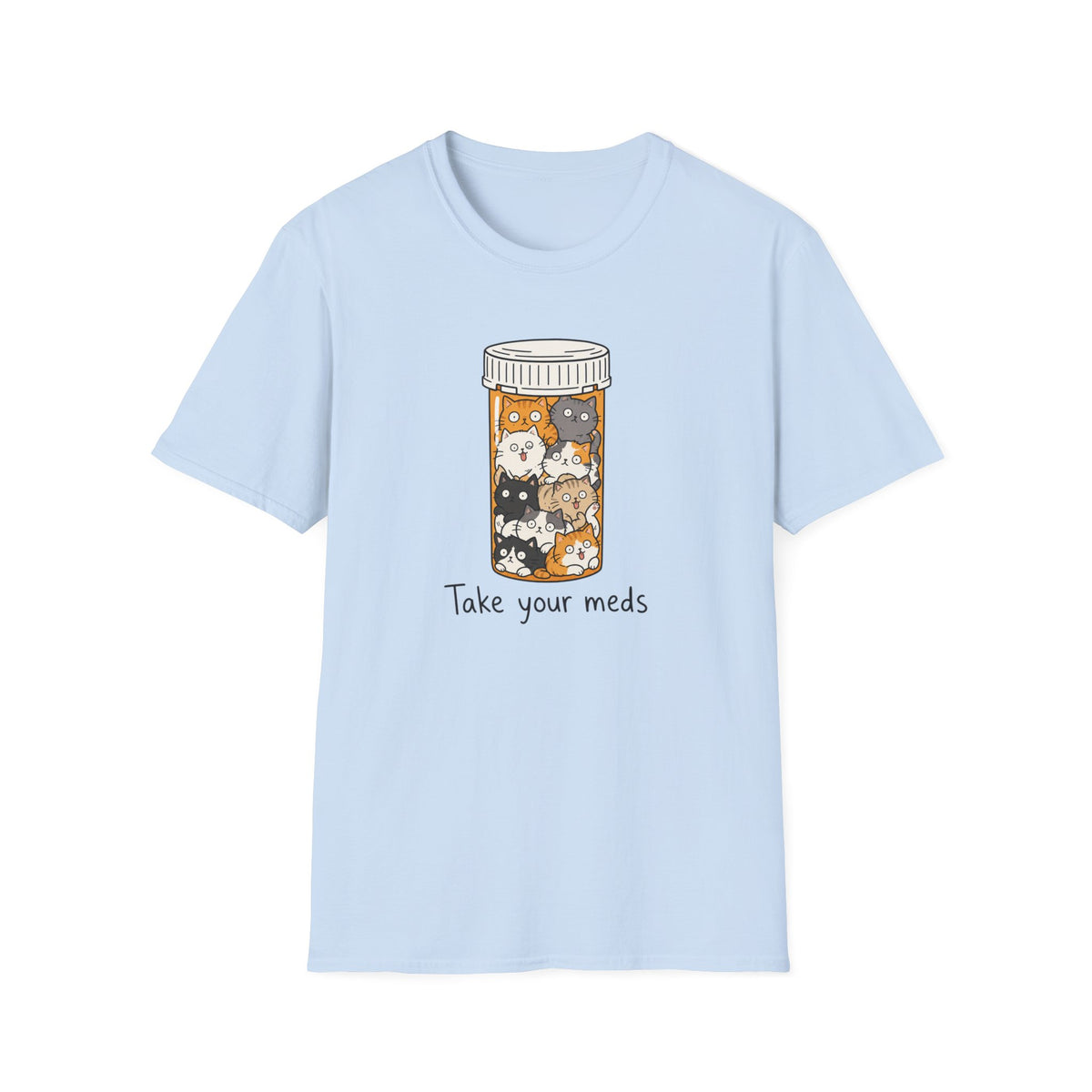 Take Your Meds Cotton T-Shirt — Cute Pill Bottle Cats Graphic Tee