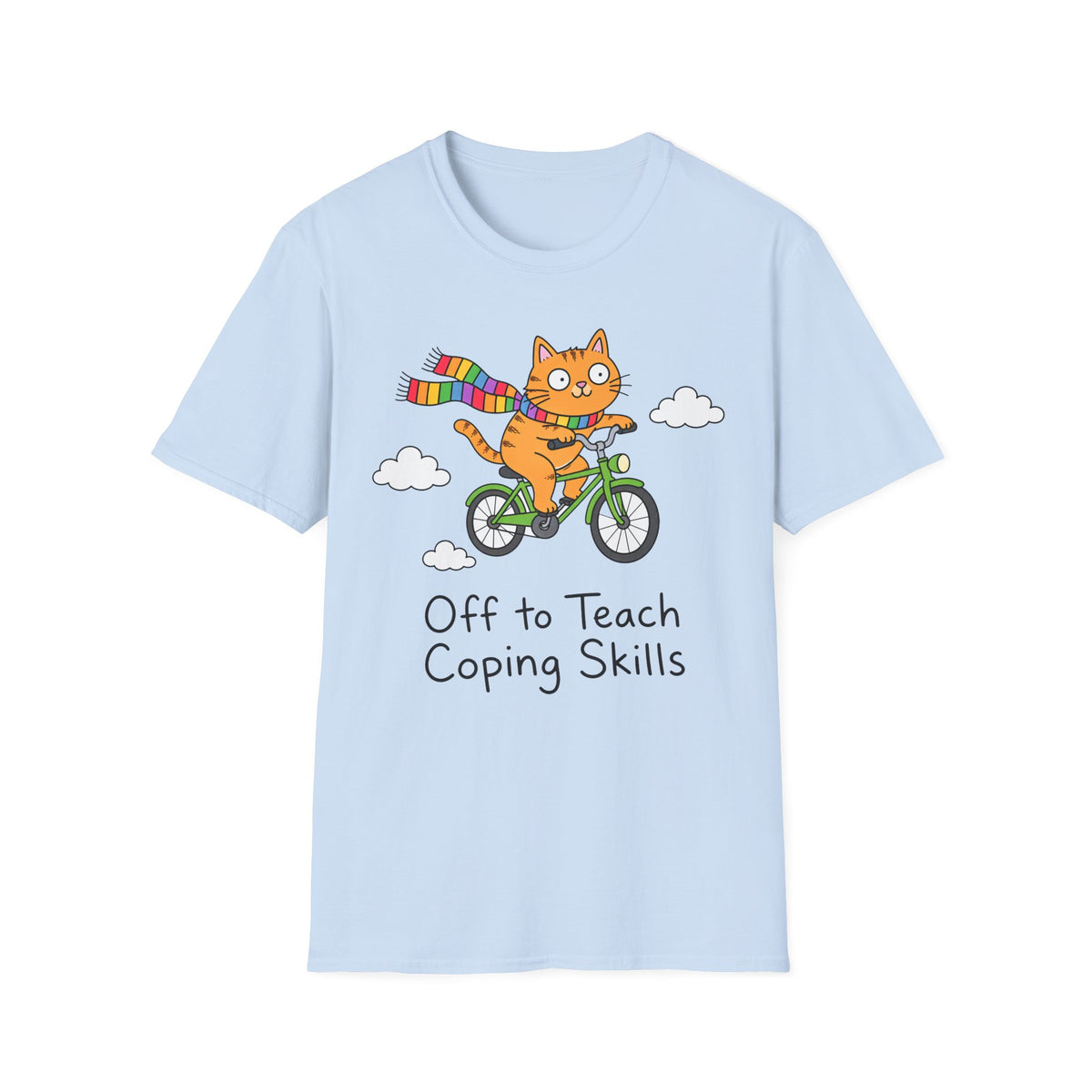 Cat on a Bike T-Shirt — "Off to Teach Coping Skills" Cute Rainbow Scarf Tee