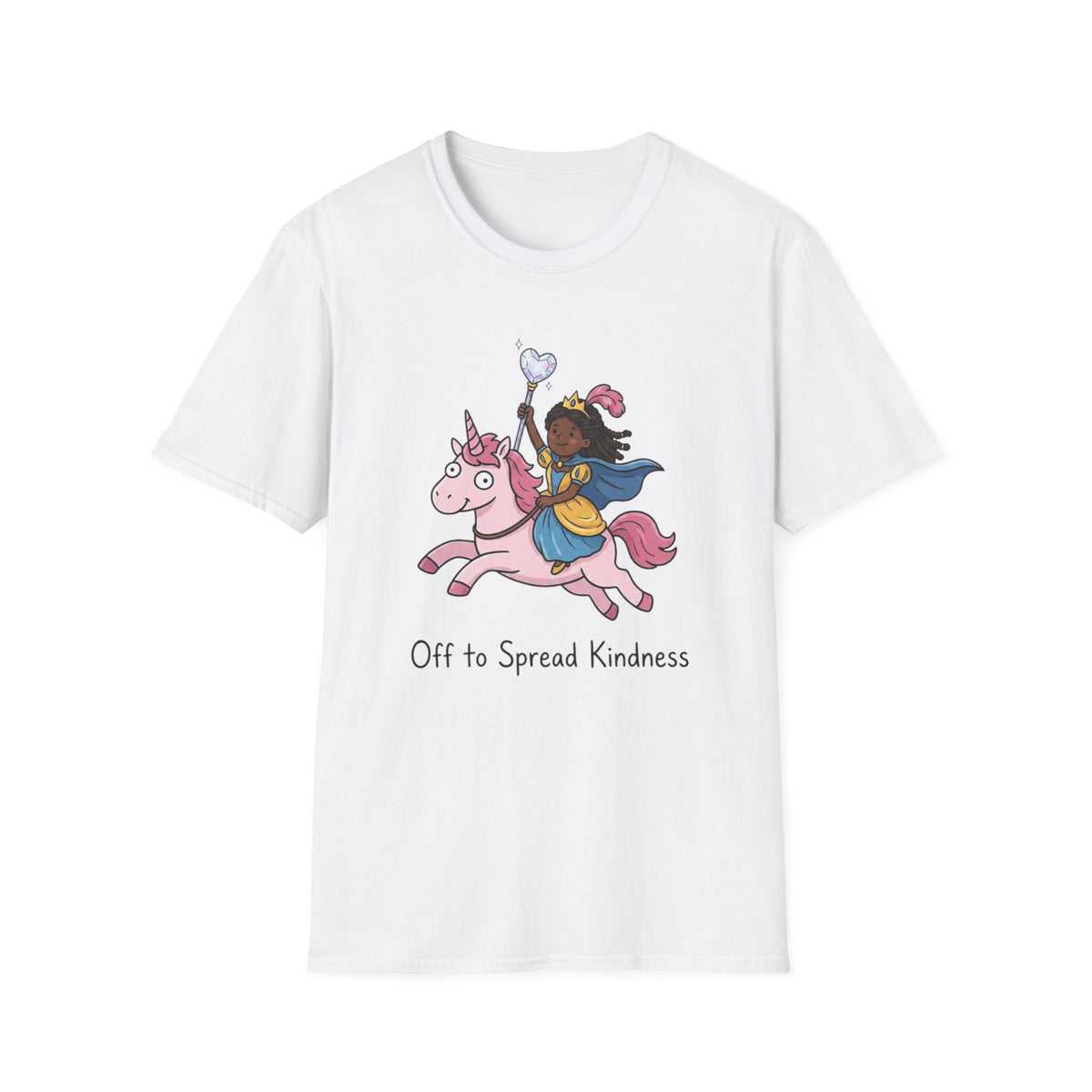 Girl Riding Unicorn T-Shirt — "Off to Spread Kindness" Cute Magical Tee for Kids & Teens