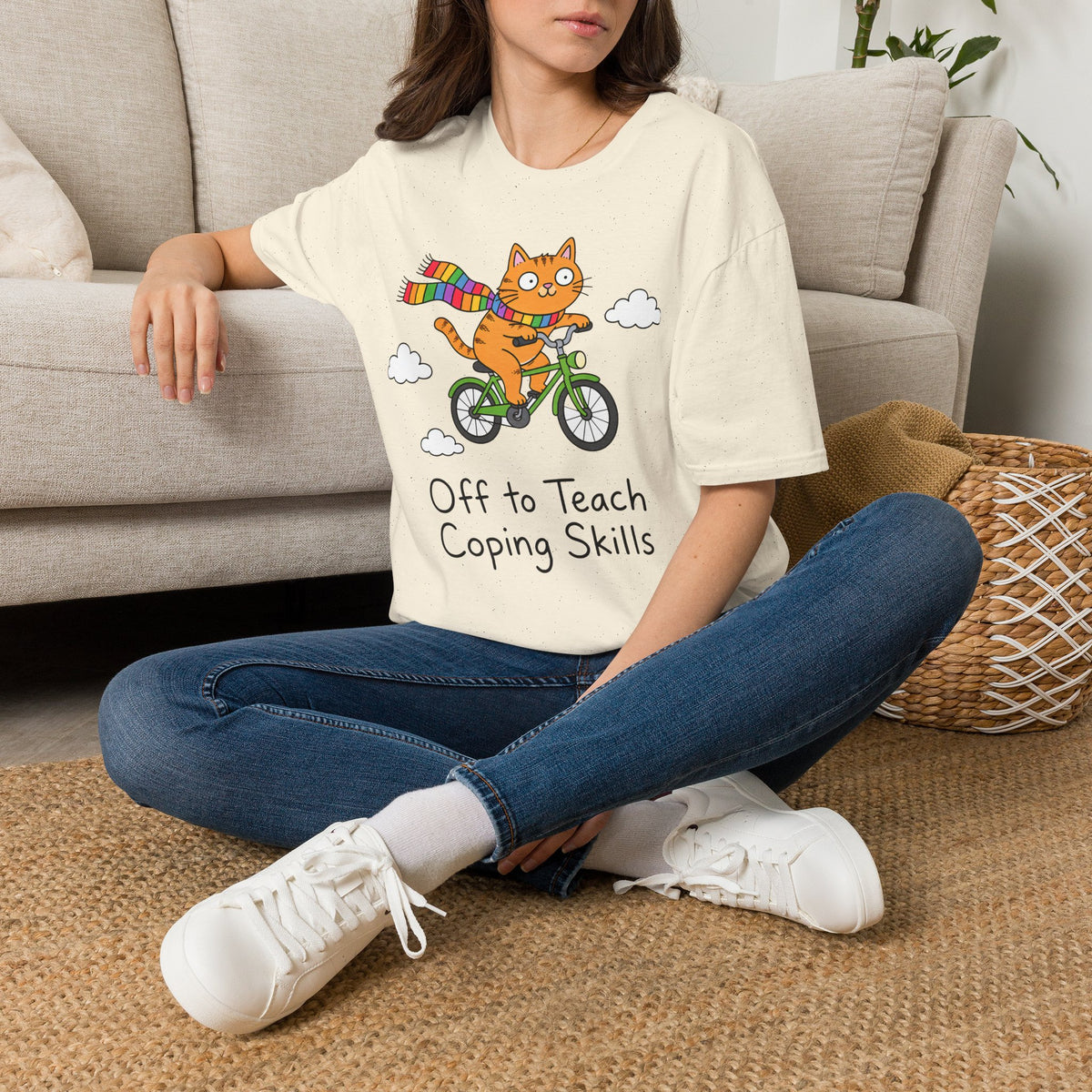 Cat on a Bike T-Shirt — "Off to Teach Coping Skills" Cute Rainbow Scarf Tee