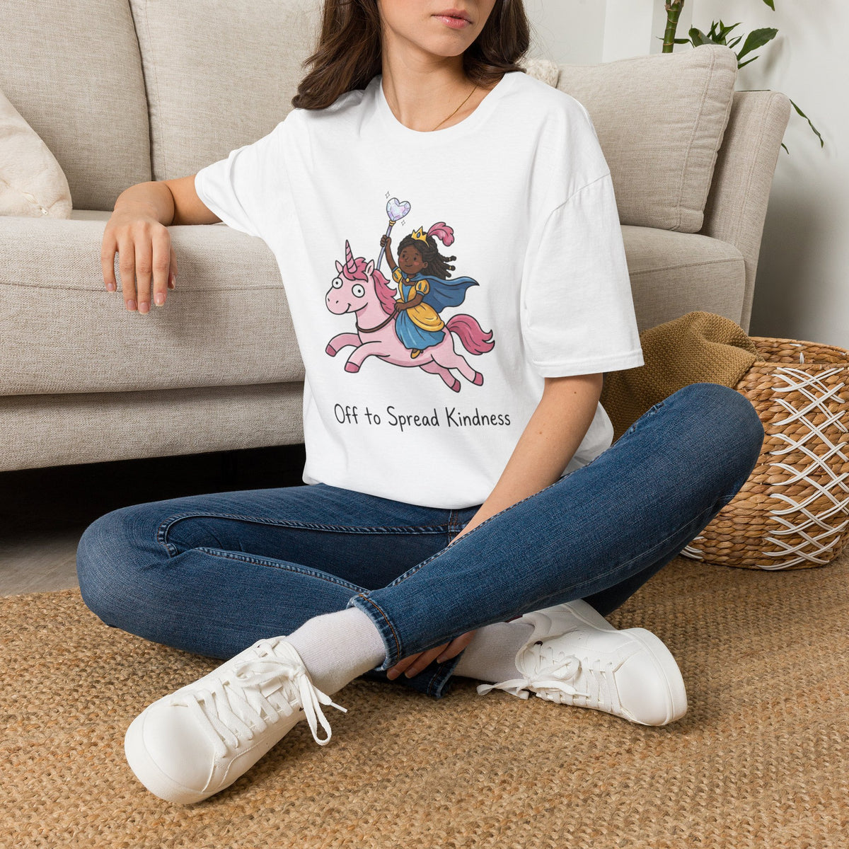 Girl Riding Unicorn T-Shirt — "Off to Spread Kindness" Cute Magical Tee for Kids & Teens