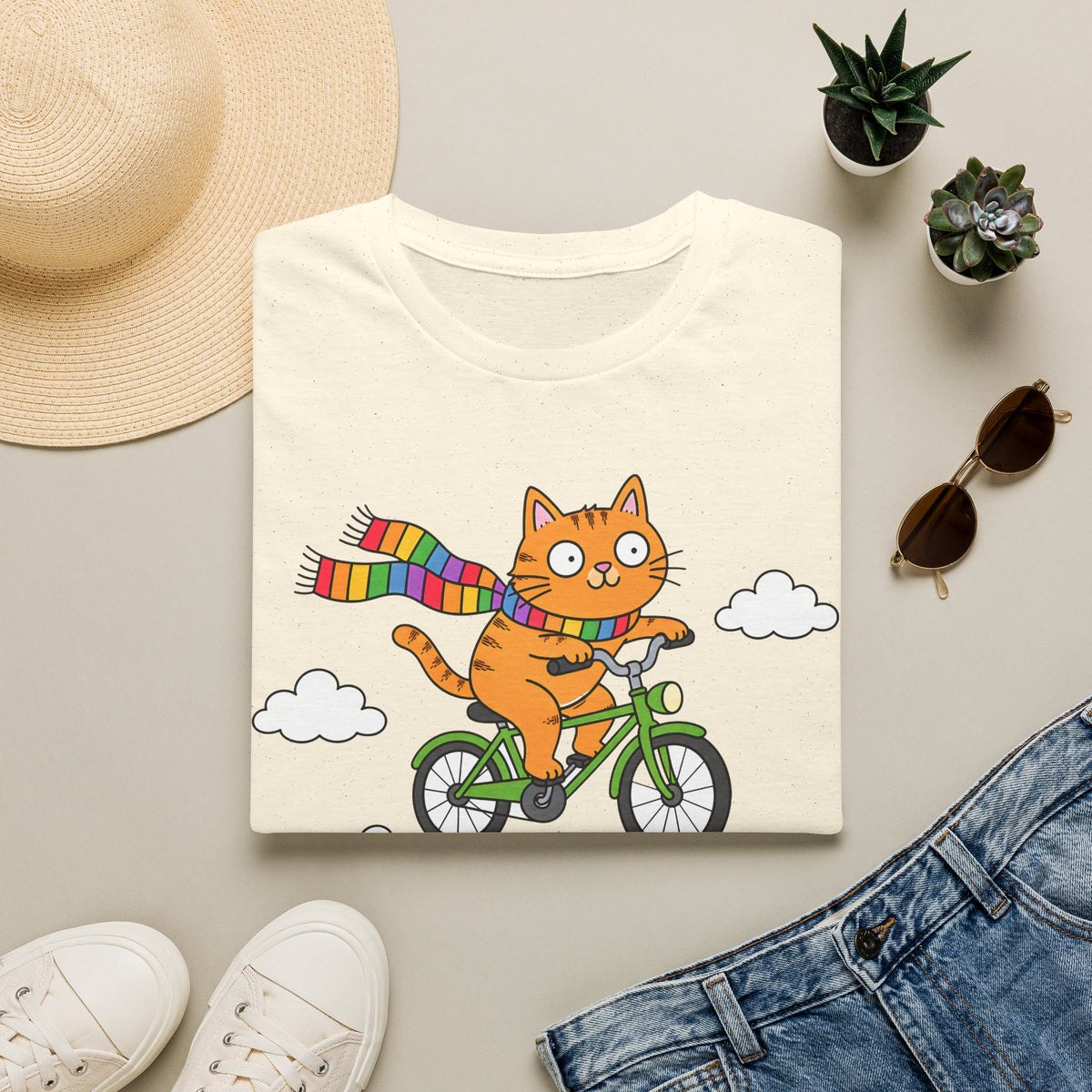 Cat on a Bike T-Shirt — "Off to Teach Coping Skills" Cute Rainbow Scarf Tee