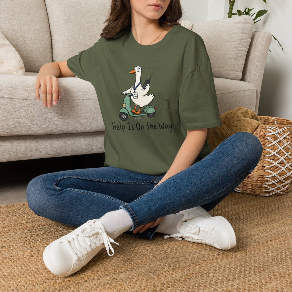 Help Is On The Way T-Shirt — Cute Goose on Scooter Graphic Tee