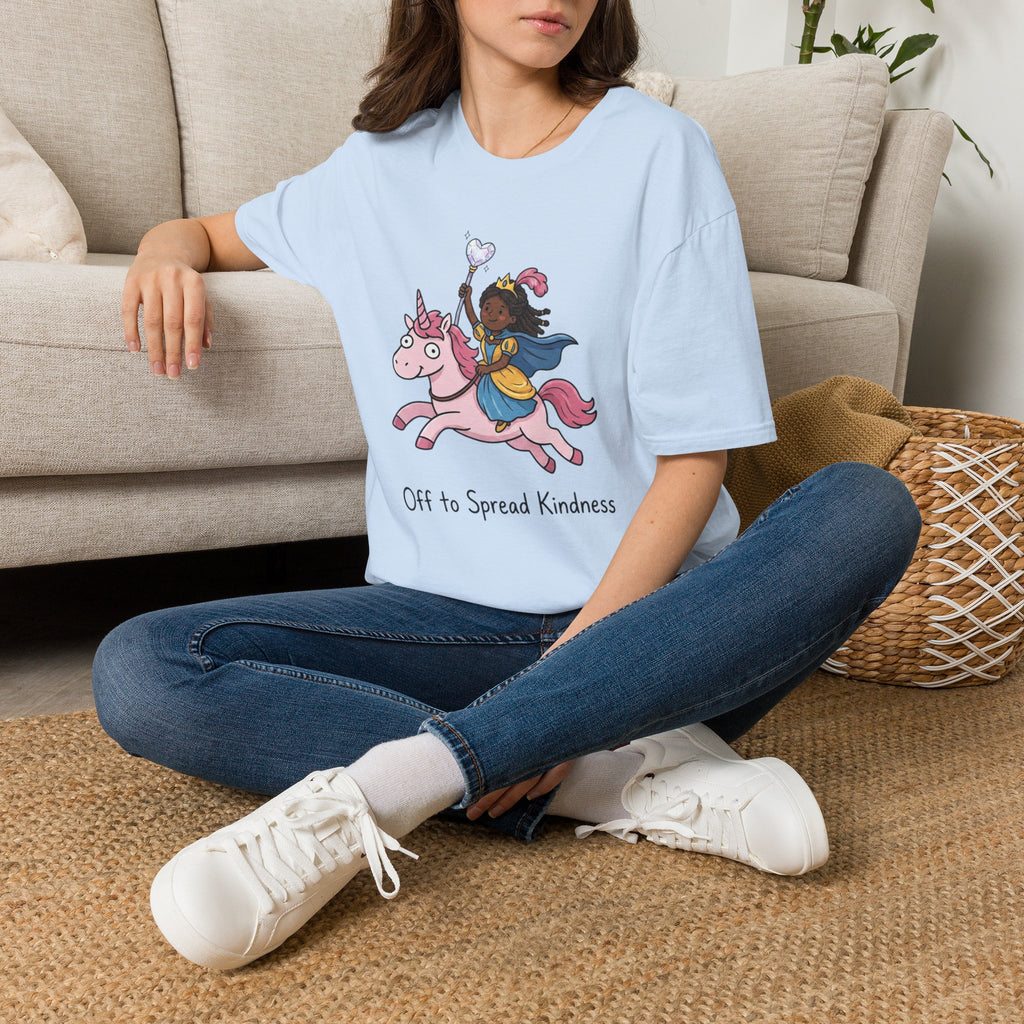 Girl Riding Unicorn T-Shirt — "Off to Spread Kindness" Cute Magical Tee for Kids & Teens