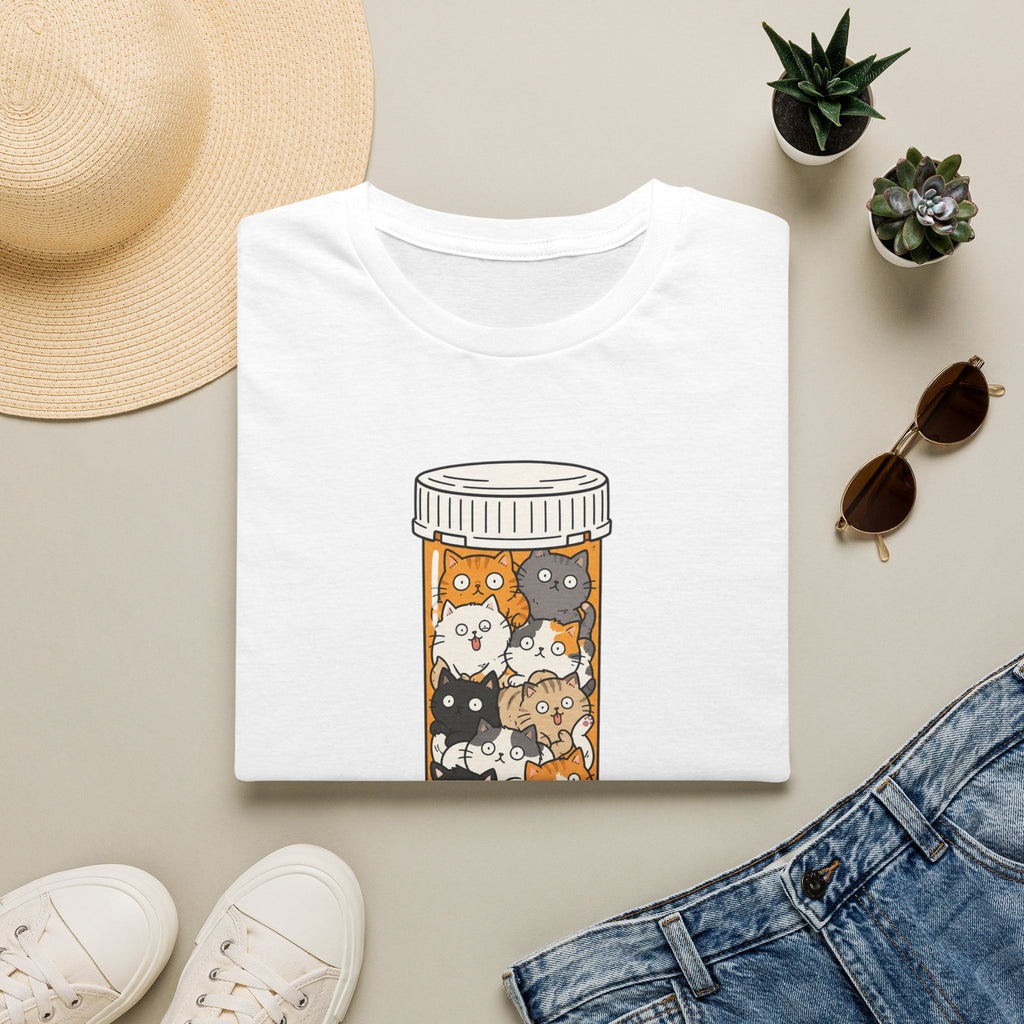 Take Your Meds Cotton T-Shirt — Cute Pill Bottle Cats Graphic Tee