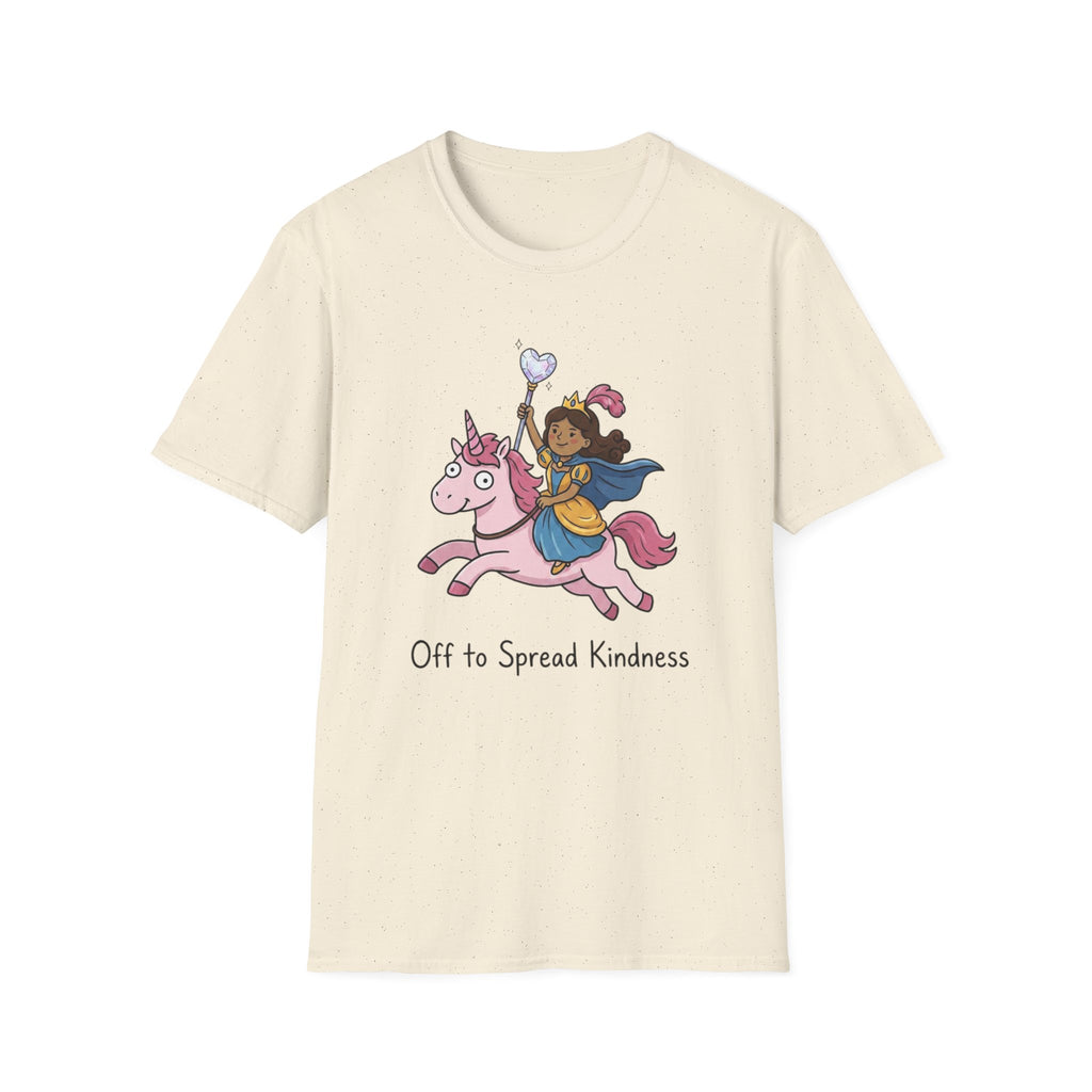 Kindness Princess Riding Pink Unicorn T-Shirt — 'Off to Spread Kindness' Fantasy Tee