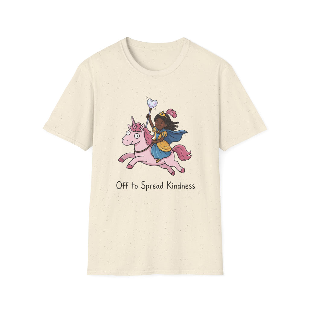 Girl Riding Unicorn T-Shirt — "Off to Spread Kindness" Cute Magical Tee for Kids & Teens