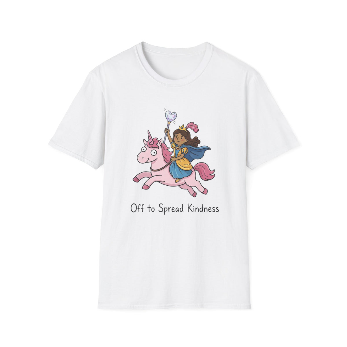 Kindness Princess Riding Pink Unicorn T-Shirt — 'Off to Spread Kindness' Fantasy Tee