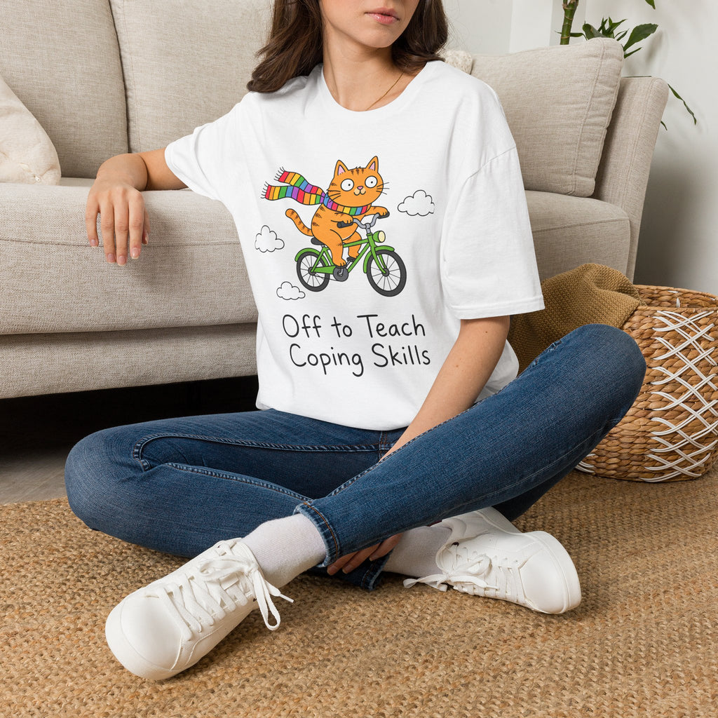 Cat on a Bike T-Shirt — "Off to Teach Coping Skills" Cute Rainbow Scarf Tee