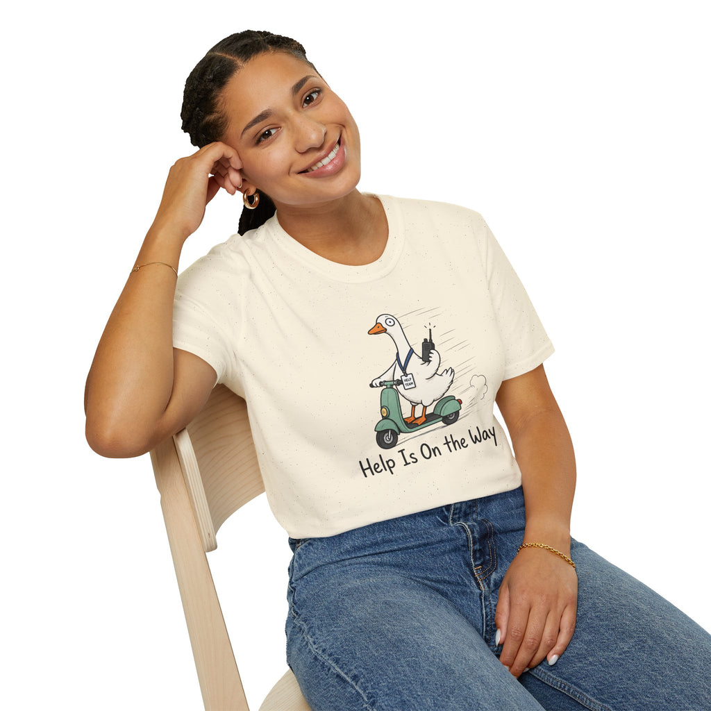 Help Is On The Way T-Shirt — Cute Goose on Scooter Graphic Tee