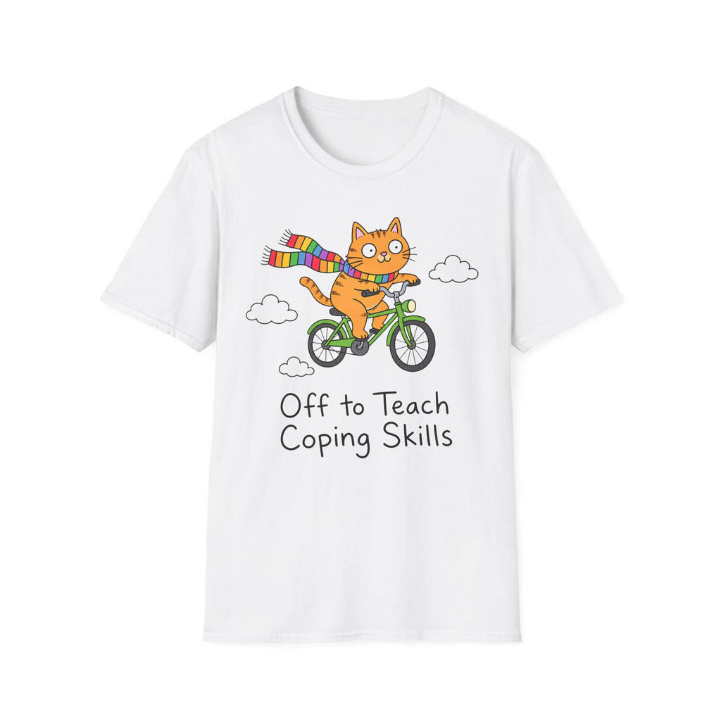 Cat on a Bike T-Shirt — "Off to Teach Coping Skills" Cute Rainbow Scarf Tee