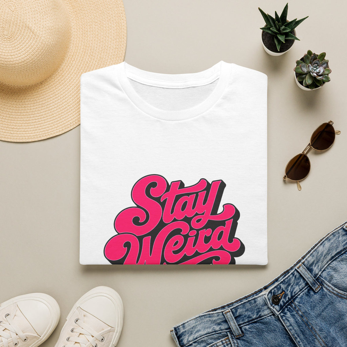 Stay Weird T-Shirt — Retro Pink Script Graphic Tee for Bold, Fun Style