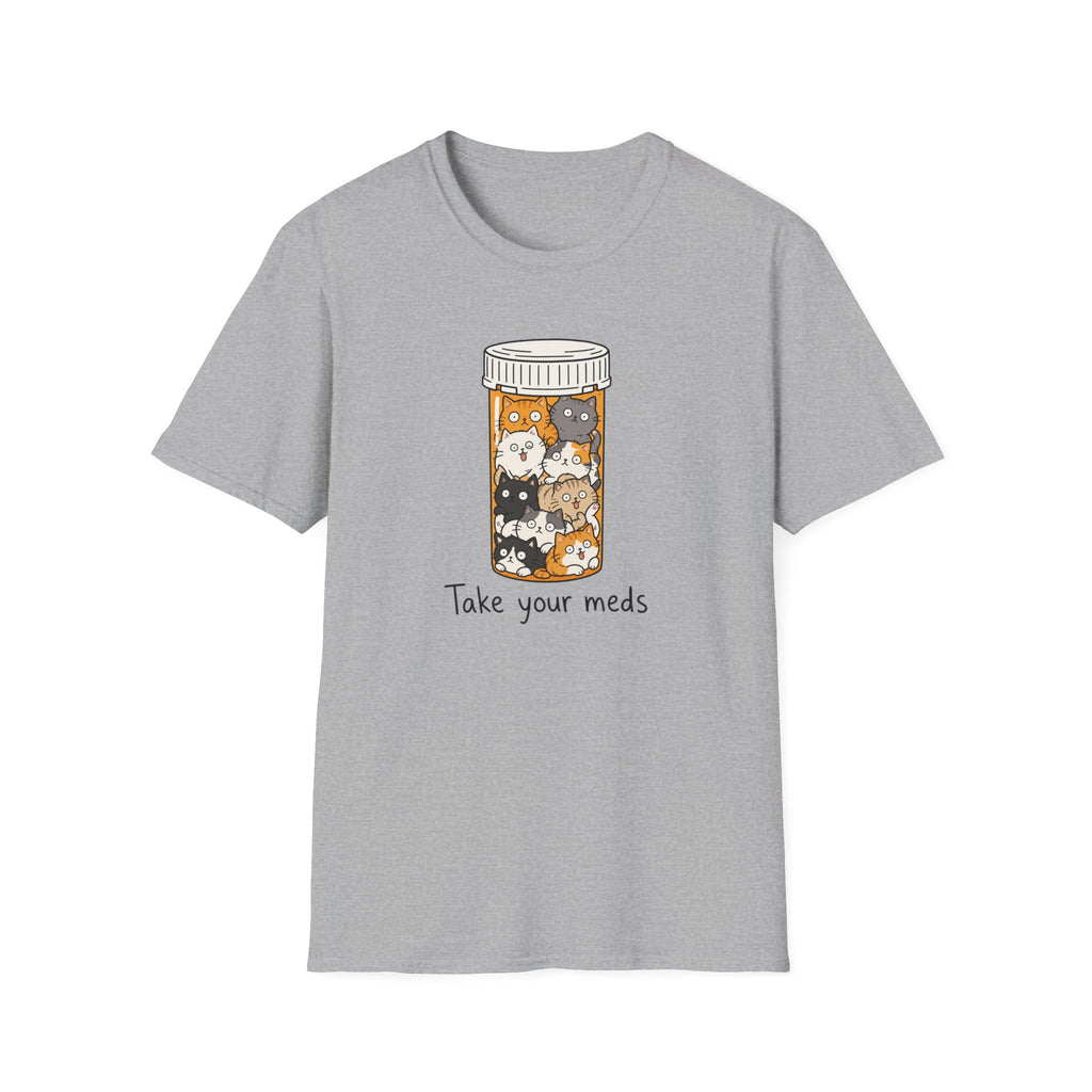 Take Your Meds Cotton T-Shirt — Cute Pill Bottle Cats Graphic Tee