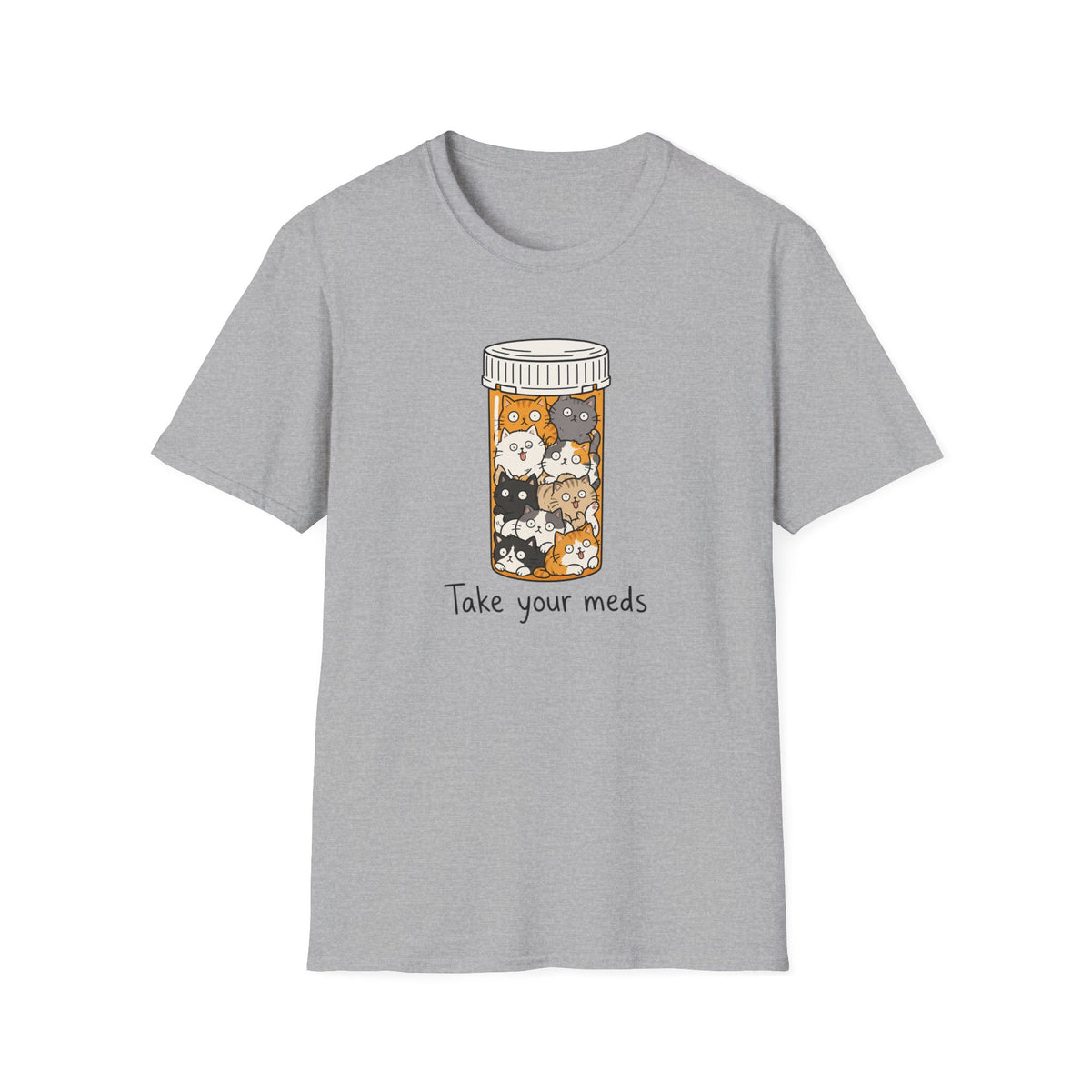 Take Your Meds Cotton T-Shirt — Cute Pill Bottle Cats Graphic Tee