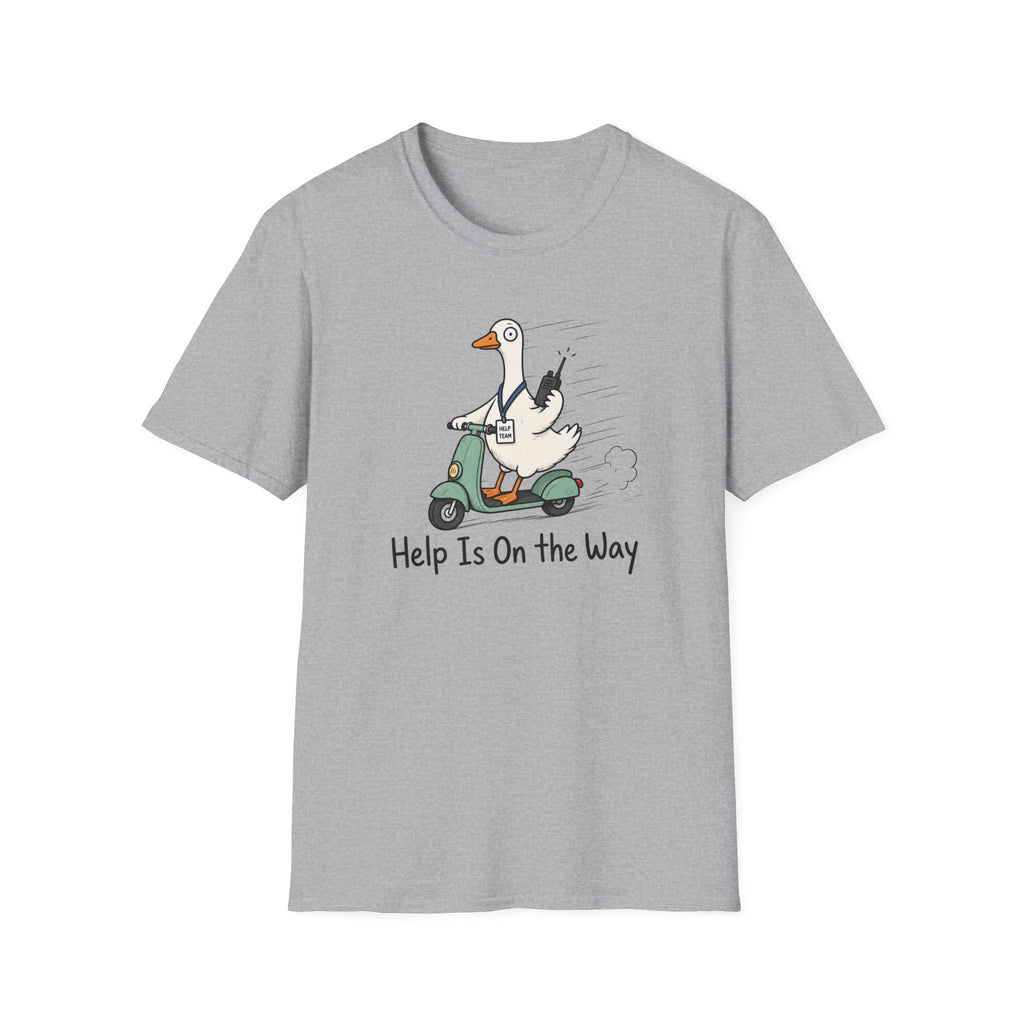 Help Is On The Way T-Shirt — Cute Goose on Scooter Graphic Tee