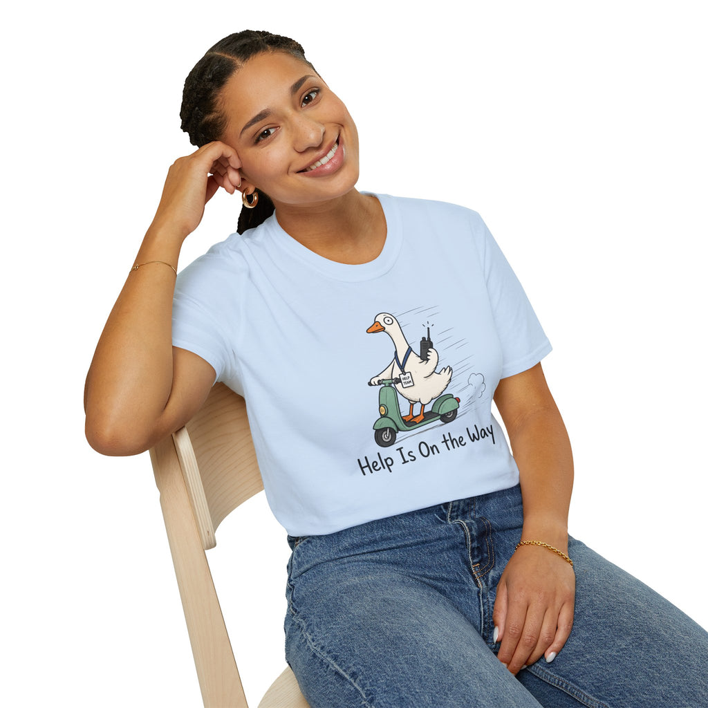 Help Is On The Way T-Shirt — Cute Goose on Scooter Graphic Tee