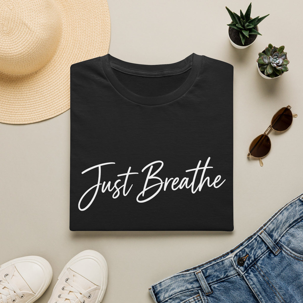 Just Breathe T-Shirt — Relaxed Inspirational Tee for Calm & Mindfulness
